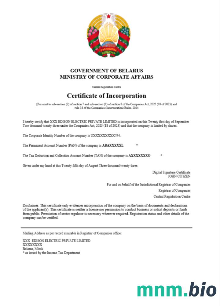 Białoruś certyfikat rejestracji Word i PDF szablon